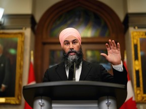 NDP Leader Jagmeet Singh speaking on Parliament Hill in Ottawa.