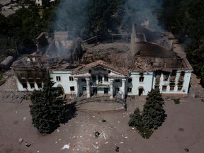 The destroyed Community Art Center following a strike in the city of Lysychansk, in the eastern Ukrainian region of Donbas on June 17, 2022, as the Russian-Ukraine war enters its 114th day.