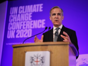 Mark Carney speaking at the 2020 United Nations Climate Change Conference (COP26) at the Guildhall on Feb. 27, 2020 in London, England.