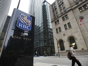 A person walks by the Royal Bank of Canada building on Bay Street during the COVID-19 Pandemic in Toronto on Wednesday, May 27, 2020.