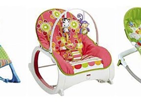 This photo provided. by Consumer Product Safety Commission shows Fisher-Price Infant-to-Toddler Rocker, left and center, and Fisher-Price Newborn-to-Toddler Rocker, right. The U.S. Consumer Product Safety Commission (CPSC) and Fisher-Price are alerting consumers to at least 13 reported deaths between 2009 and 2021 of infants in Fisher-Price Infant-to-Toddler Rockers and Newborn-to-Toddler Rockers. Rockers should never be used for sleep and infants should never be unsupervised or unrestrained in the Rockers. (Consumer Product Safety Commission via AP)