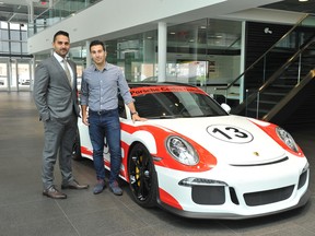 Francesco Policaro and world-champion driver Daniel Morad, announcing the launch of the Porsche Centre Oakville race team in the 2015 Porsche GT3 Cup Challenge.