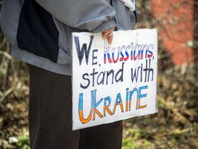 A pro-Ukrainian protest in front of the Russian Embassy in Ottawa in April.