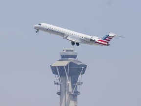 An American Airlines American Eagle plane takes off at LAX in Los Angeles, Calif., Saturday, June 11, 2022.&ampnbsp;The Canadian Transportation Agency says the total number of complaints it faced about air travel rose last year, boosted by a backlog of issues carried over from the previous year.