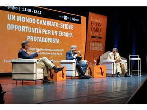 The Festival of Economics 2022 in Trento- Paolo MAGRI, Paolo GENTILONI, Fabio TAMBURINI during the event "A changed world: challenges and opportunities for a leading Europe".