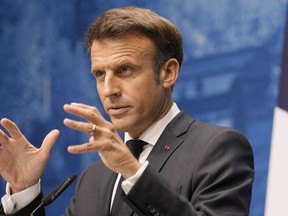 French President Emmanuel Macron addresses a media conference during the G7 summit at Castle Elmau in Kruen, Germany, on Tuesday, June 28, 2022. The Group of Seven leading economic powers are concluding their annual gathering on Tuesday.