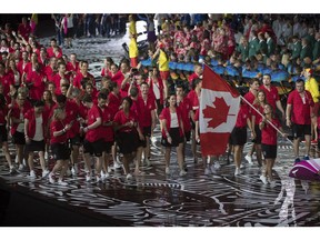 Team Canada makes their entrance at the 2018 Commonwealth Games in Gold Coast for the opening ceremony. Photo credits: DetailsGroup