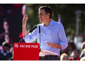 Pedro Sanchez, Spain's prime minister, speaks to his supporters during a campaign rally in Madrid, Spain, on Friday, April 26, 2019. The dream scenario for 47-year-old Sanchez would be if he could reach 176 seats needed for a parliamentary majority with his left-wing ally Podemos -- but without the Catalan separatists who helped put him into power last year.