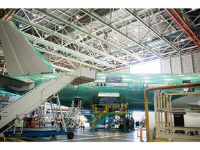 A Boeing Co. 777X airplane sits on the assembly floor at the company's facility in Everett, Washington, U.S., on Wednesday, March 6, 2020. The Boeing 777X airplane is scheduled to make its first flight on January 23.
