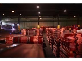 Newly formed copper cathode sheets in a warehouse at the KGHM Polska Miedz SA copper smelting plant in Glogow, Poland, on Tuesday, March 9, 2021. Nickel extended its plunge from a six-year high after a stock-market slump hurt risk appetite, while copper resumed losses as supply concerns eased.