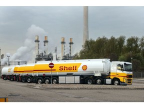 The Royal Dutch Shell Plc logo on fuel tanker trucks at the Shell Pernis refinery in Rotterdam, Netherlands, on Tuesday, April 27, 2021. Shell reports first quarter earnings on April 29.