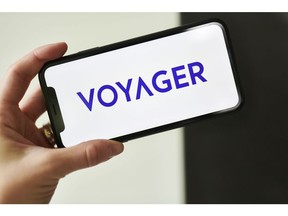 The Voyager Digital Ltd. logo on a smartphone arranged in Little Falls, New Jersey, U.S., on Saturday, May 22, 2021. Elon Musk continued to toy with the price of Bitcoin Monday, taking to Twitter to indicate support for what he says is an effort by miners to make their operations greener. Photographer: Gabby Jones/Bloomberg