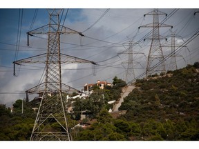 Electricity transmission pylons near residential homes in Gerakas suburb, northeast of Athens.