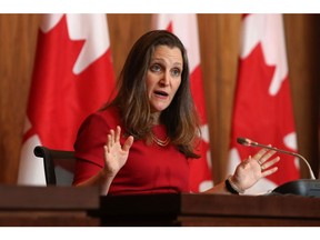 Chrystia Freeland, Canada's deputy prime minister and finance minister, speaks during a news conference on Parliament Hill in Ottawa, Ontario, Canada, on Wednesday, Feb. 23, 2022. Canada is lifting the emergency powers it enacted more than a week ago to get street protests under control, with Prime Minister Justin Trudeau saying the unprecedented authority is no longer needed.
