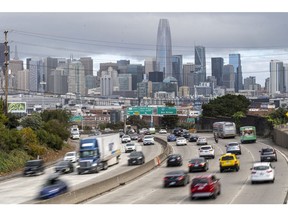 Cars travel northbound on Highway 101 in San Francisco.