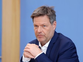 Robert Habeck, Germany's economy and climate minister, during a news conference in Berlin, Germany, on Wednesday, April 6, 2022. Habeck said it would be "a logical step" to back up the political decision to reduce Russian coal dependency by including a Russian coal import embargo in a European Union sanctions package "at some point".