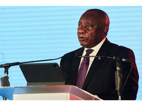 Cyril Ramaphosa, South Africa's president, during a news conference to announce a collaboration on green jet fuel at the Sasol Ltd. headquarters in Johannesburg, South Africa, on Tuesday, May 24, 2022. Scholz is visiting South Africa as part of his first African tour since becoming chancellor.