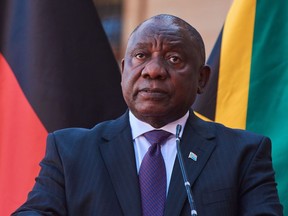Cyril Ramaphosa, South Africa's president, during a news conference with Olaf Scholz, Germany's chancellor, at the Union Buildings in Pretoria, South Africa, on Tuesday, May 24, 2022. Scholz is visiting South Africa as part of his first African tour since becoming chancellor.