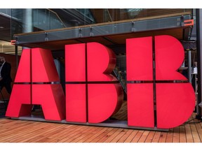 The logo of ABB Ltd. at the company's campus in Helsinki, Finland, on Tuesday, May 17, 2022. ABB provides power and automation technologies, operating under segments that include power products, power systems, automation products, process automation, and robotics. Photographer: Roni Rekomaa/Bloomberg