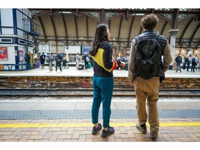 Travelers wait for their train on a platform at York railway station in York, UK, on Monday, June 20, 2022. Industrial action is planned across the country this week with severe disruption expected for commuters. Photographer: Ian Forsyth/Bloomberg
