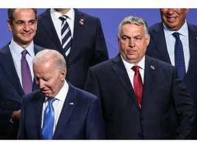 Hungary's Prime Minister Viktor Orban at the 'family' photo during the NATO summit at in Madrid, Spain, on June 29.