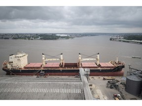 A container ship after unloading wheat in Abidjan, Ivory Coast, on June 29. Photographer: Andrew Caballero-Reynolds/Bloomberg