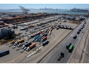 The Port of Oakland in Oakland, California, US, on Thursday, July 14, 2022. Truckers servicing some of the US's busiest ports are staging protests as state-level labor rules that change their employment status begin to go into effect, creating another choke point in stressed US supply chains.