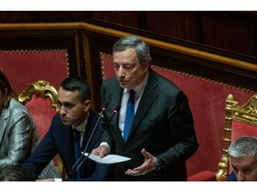 Mario Draghi, Italy's prime minister, addresses the Senate in Rome, Italy, on Wednesday, July 20, 2022. Draghi told the Rome senate on Wednesday that his fractious coalition can be rebuilt, tamping down concerns he'll quit the government and throw Italy into chaos.