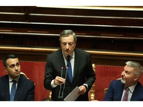 Mario Draghi, Italy's prime minister, addresses the Senate in Rome, Italy, on Wednesday, July 20, 2022. Draghi told the Rome senate on Wednesday that his fractious coalition can be rebuilt, tamping down concerns he'll quit the government and throw Italy into chaos.