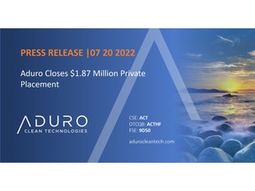 Aduro announces the closing of a non-brokered private placement offering of units (the "Offering"). The Company issued an aggregate of 2,599,579 units (the "Units") at a price of $0.72 per Unit for aggregate gross proceeds of C$1,871,697.