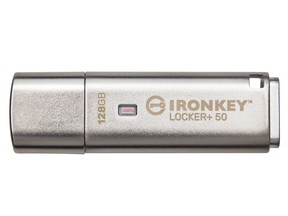 Kingston IronKey Locker+ 50 encrypted USB flash drive with automatic USBtoCloud backup.