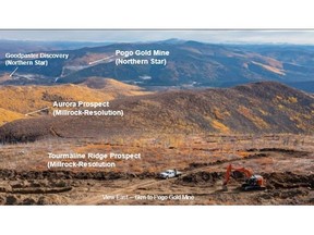 A Fall 2021 photograph showing the Tourmaline Ridge prospect area in the foreground with an excavator digging trenches through shallow overburden to expose bedrock. Northern Star's Pogo mine and the Goodpaster deposit is visible in the distance five to six kilometers to the east. The current drilling program focuses on the Tourmaline Ridge prospect in the foreground.