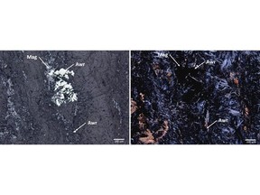 Reflected light (left) and transmitted light (XPL; right) photomicrographs of a large crystal of awaruite (lightest grey), intergrown with magnetite (darker grey), in a matrix of serpentine and relict pyroxene +/- olivine. MTU-22-14 (29.8 m).