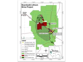 Map of Boardwalk Lithium Brine Project, West-central Alberta with wells sampled by LithiumBank