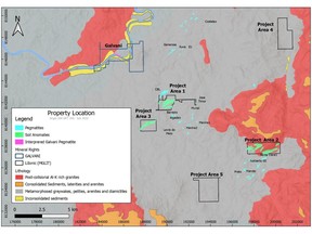 Itinga Project (Areas 1-5) and Galvani Claims location and geology map. Note the surface expression of the CBL lithium mine in the northeast corner of Project Area 1 and Sigma Lithium's Barreiro deposit to the southeast.