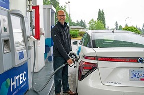 Colin Armstrong, president and CEO of Vancouver-based HTEC, a hydrogen technology company, fills up his hydrogen fuel cell electric vehicle at an HTEC hydrogen station in North Vancouver. The company has five stations in total, four in BC, and one in Quebec City. Armstrong envisions building out a cross-Canada network of stations to fuel the hydrogen highway of the future.