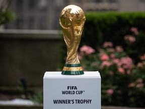 The FIFA World Cup trophy is displayed during an event in New York after an announcement related to the staging of the FIFA World Cup 2026.