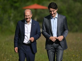 Germany's Chancellor Olaf Scholz, left, and Prime Minister Justin Trudeau during their bilateral meeting at the G7 summit at Elmau Castle, southern Germany, on June 27, 2022.