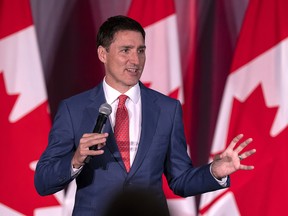 Prime Minister Justin Trudeau addresses supporters as he attends a Laurier Club event in Halifax.