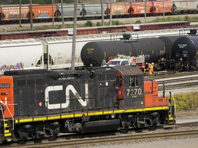 CN rail trains are shown at the CN MacMillan Yard in Vaughan, Ont., on Monday, June 20, 2022.CN Rail notches record revenues amid higher fuel and freight rates.