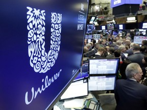 FILE - In this Thursday, March 15, 2018 file photo, the logo for Unilever appears above a trading post on the floor of the New York Stock Exchange. Unilever says it raised prices by more than 11% between April and June as inflation surged. The consumer goods giant said Tuesday, July 26, 2022, that underlying sales growth of 8.1% in the first half of the year was driven by rising prices to offset the higher costs it paid to create everything from Ben & Jerry's ice cream to Dove skin care. It brought in revenue of $30 billion in the first half of 2022. .