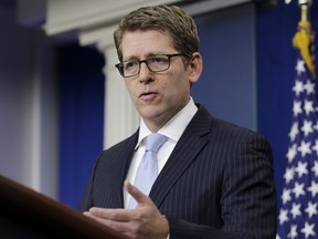 FILE - Then-White House Press Secretary Jay Carney gestures as he speaks during his daily news briefing at the White House in Washington, Monday, Feb. 3, 2014. On Friday, July 22, 2022, Carney, the top policy and communications executive at Amazon and one-time White House spokesman, was named the head of policy at Airbnb.