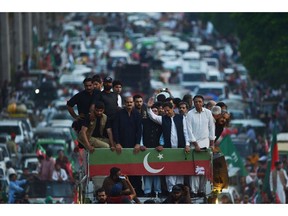 Imran Khan at a protest rally against the inflation, political destabilisation and continued hikes in fuel prices, on July 2. Photographer: Farooq Naeem/AFP/Getty Images