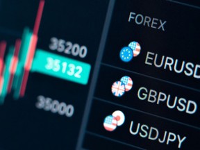 The currency pairs EURUSD, GBPUSD and USDJPY can be seen on a trading platform next to a candlestick chart.  Photographer: Silas Stein/picture alliance/Getty Images