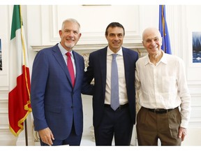 Pictured from left to right, Gerald Kunde, Senior Vice President Government & Institutional Affairs for Ferrero, Italian Consul Fabrizio Di Michele, and George Hirsch, Chairman of the Board of NY Roadrunners (NYRR), at a press conference announcing this year's Italy Run on Friday, July 15, 2022, in New York City. For the first time since 2019, the Italy Run by Ferrero 4M, a celebration of Italian heritage, will host more than 5,000 runners of all ages in Central Park. (Stuart Ramson/AP Images for LaPresse)