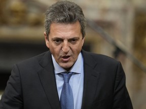 President of the Chamber of Deputies Sergio Massa arrives to attend the swearing-in ceremony of Argentina´s new Economy Minister Silvina Batakis at the government house in Buenos Aires, Argentina, Monday, July 4, 2022. The government announced on Thursday, July 28 , 2022, the appointment of Masa as an economic