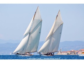 The two beautiful classic yachts, 'Tuiga' and 'Mariska', both designed by Scottish naval architect William Fife III begin their race in the Bacino di San Marco.