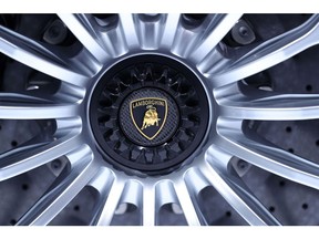 A badge sits on the wheel hub of a Lamborgini Aventador S Roadster luxury automobile during the Volkswagen AG media night ahead of the IAA Frankfurt Motor Show in Frankfurt, Germany, on Monday, Sept. 11, 2017. The 67th IAA opens to the public on Sept. 14 and features must-have vehicles and motoring technology from over 1,000 exhibitors in a space equivalent to 33 soccer fields.