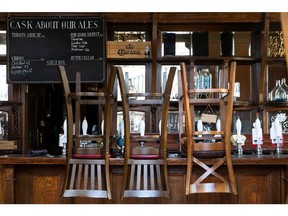 LONDON, ENGLAND - MAY 18: Stools are placed on a bar in a closed pub in Clapham Junction on May 18, 2020 in London, England. The British government has started easing the lockdown it imposed two months ago to curb the spread of Covid-19, abandoning its 'stay at home' slogan in favour of a message to 'be alert', but UK countries have varied in their approaches to relaxing quarantine measures.