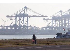 A cyclist passes ship-to-shore cranes at ECT Delta terminal in the Port of Rotterdam, in Rotterdam, Netherlands, on Monday, Sept. 21, 2020. The Netherlands reports second quarter gross domestic production figures on Sept. 23. Photographer: Peter Boer/Bloomberg